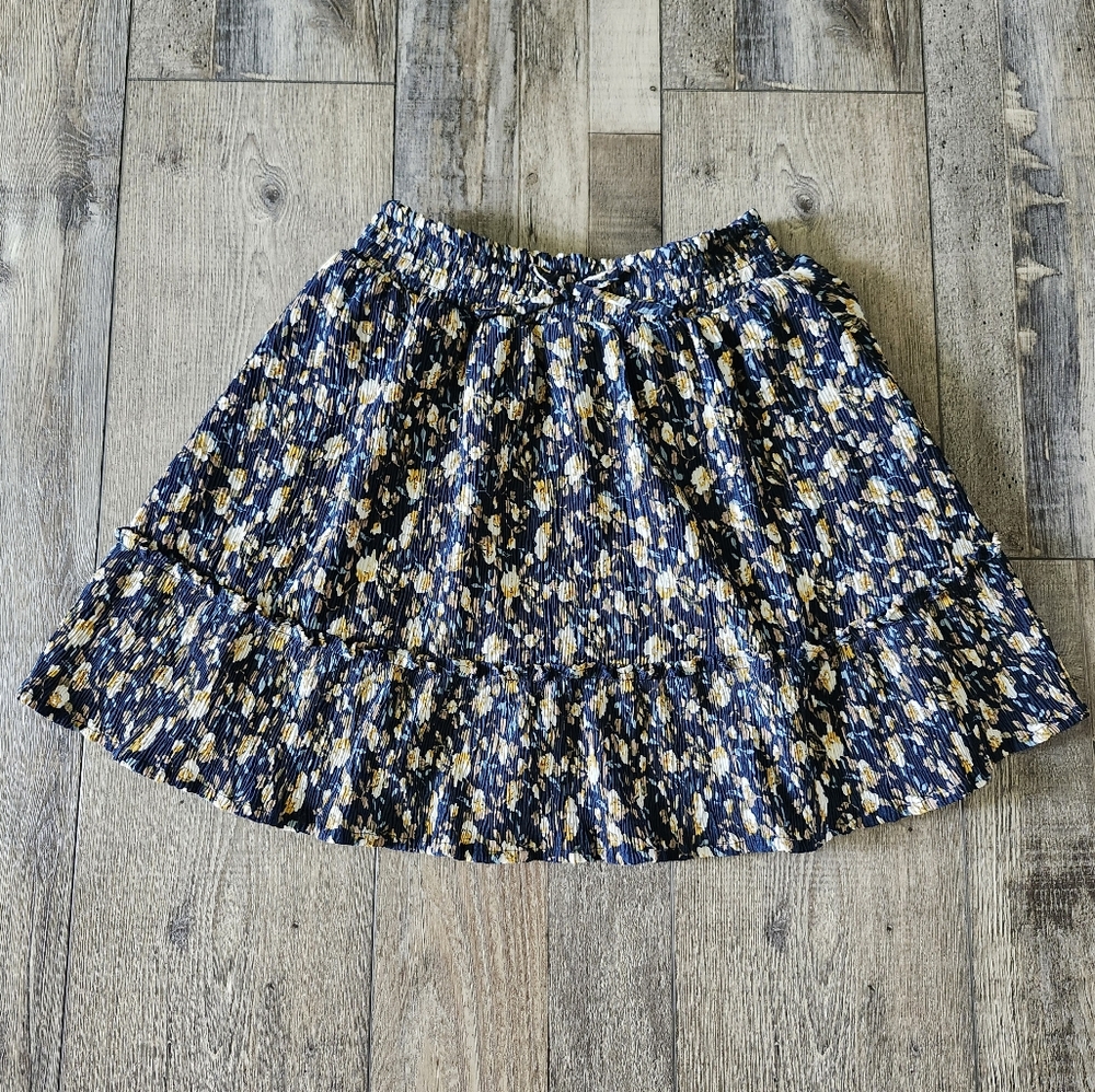 Kidpik Girls Navy Floral Pleated Skirt Size 10 M Lined Smocked Waist
